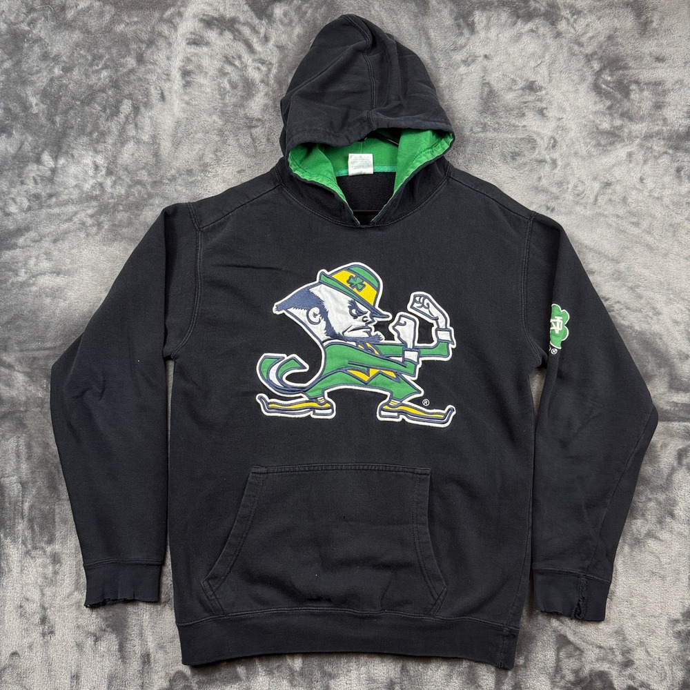 Notre Dame Hoodie Mens Medium Black Fighting Irish Leprechaun Distressed Cuffs